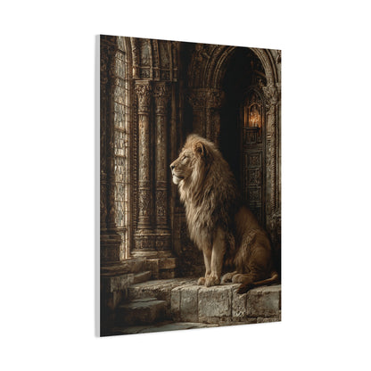 Lion in Ancient Stone Hall Royal Guardian Wall Art & Canvas Print
