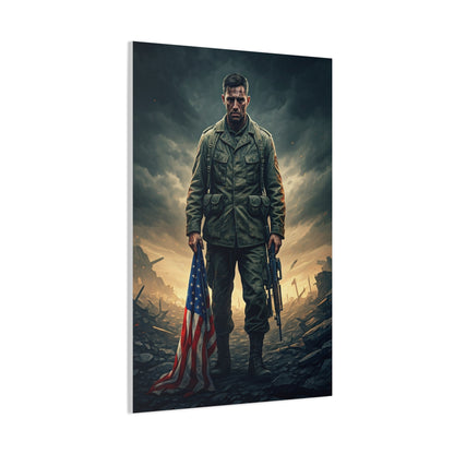 Soldier Standing With Flag of Courage Wall Art & Canvas Prints