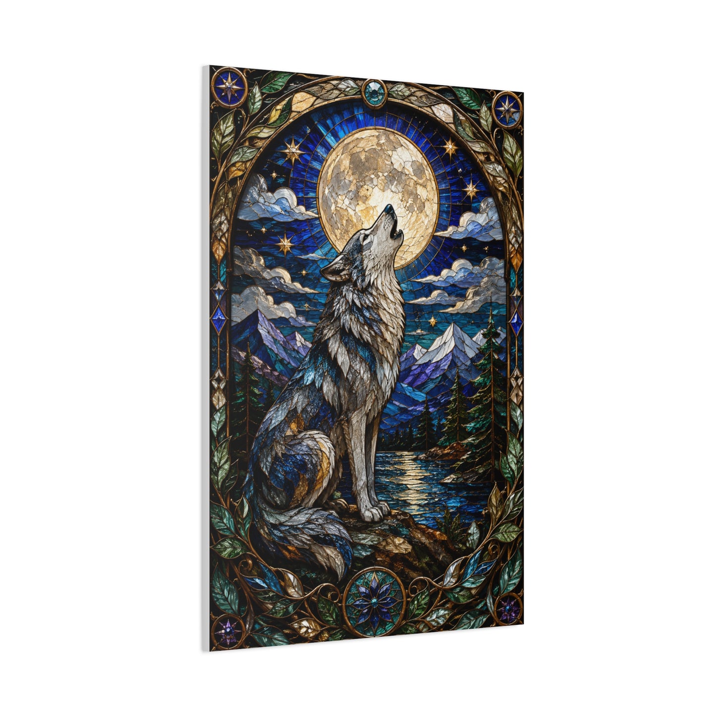 Stained Glass Moonlit Wolf Landscape Wall Art & Canvas Print