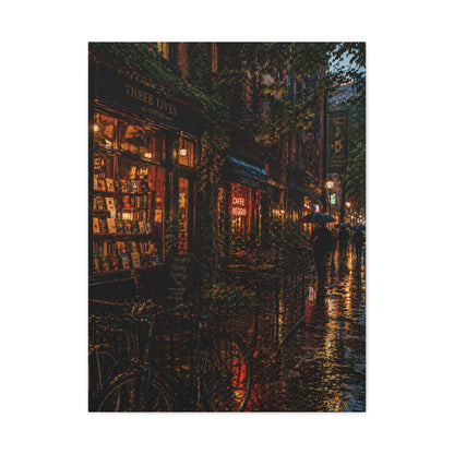 Greenwich Village Rainy Bookstore Scene Wall Art & Canvas Print