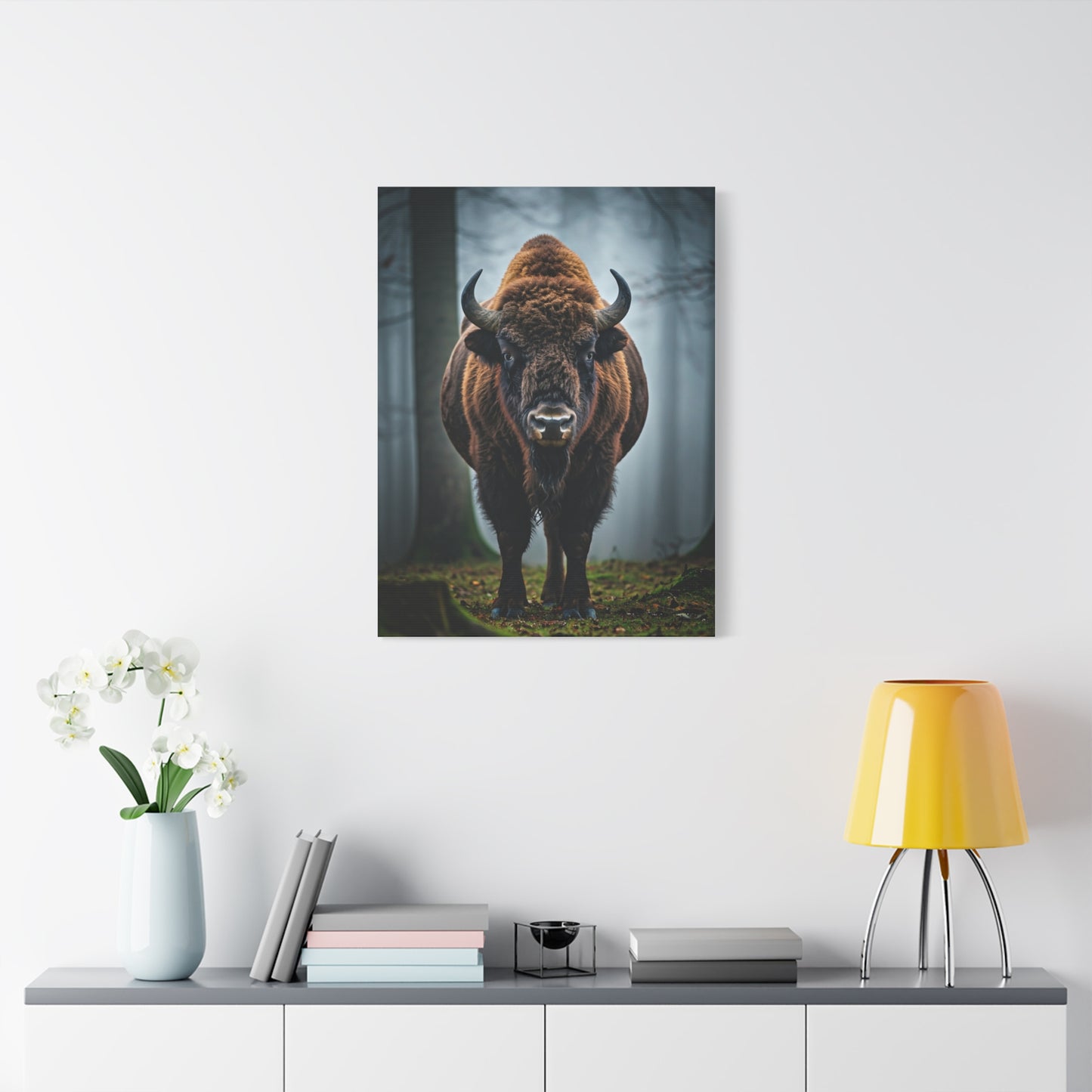 Bison Emerging from Forest Mist Wall Art & Canvas Print