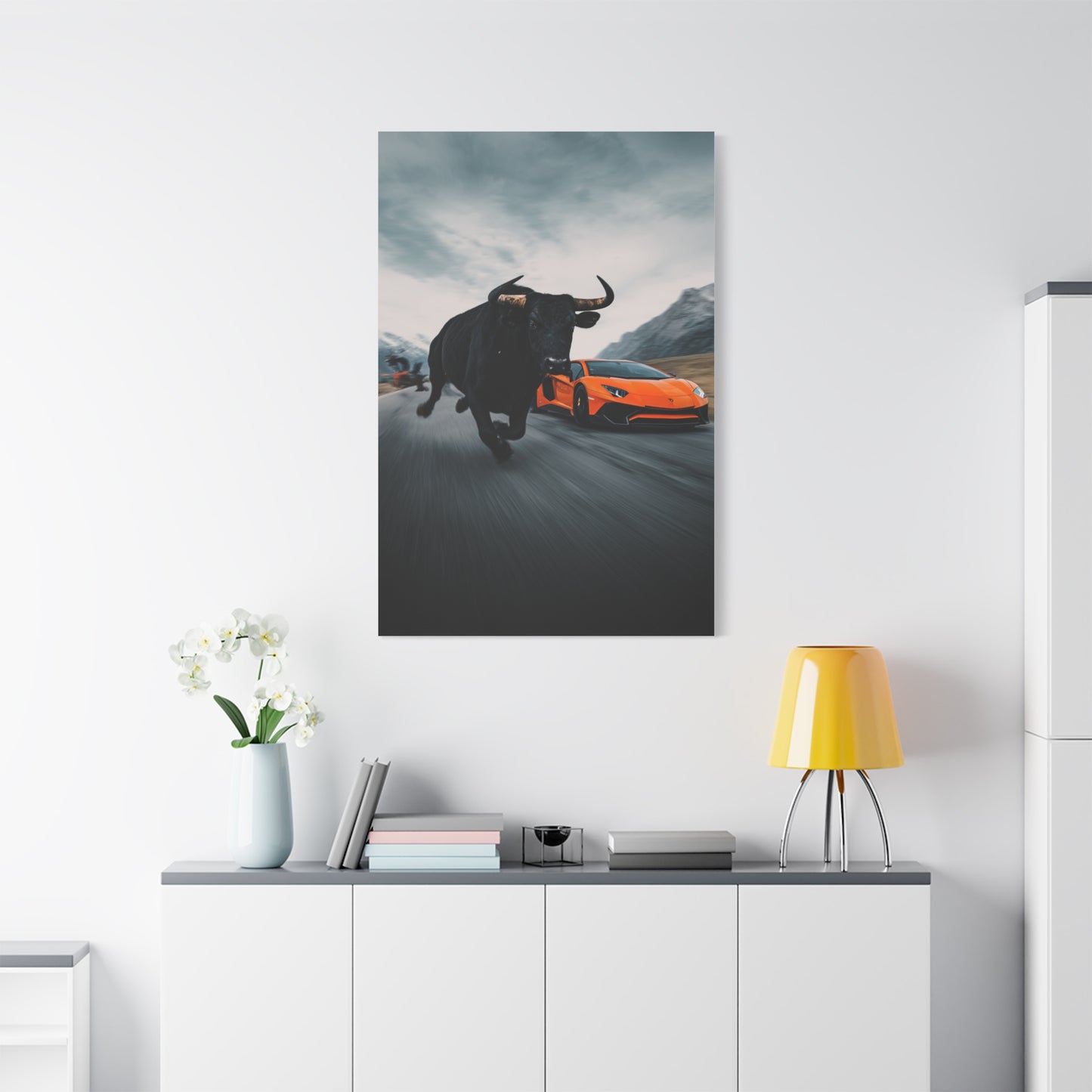 Charging Bull vs Lamborghini Aventador Power Duel Wall Art & Canvas Print