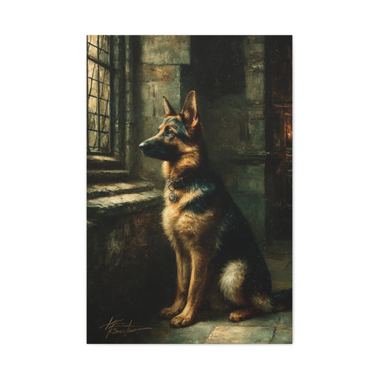 German Shepherd by Window Wall Art & Canvas Print