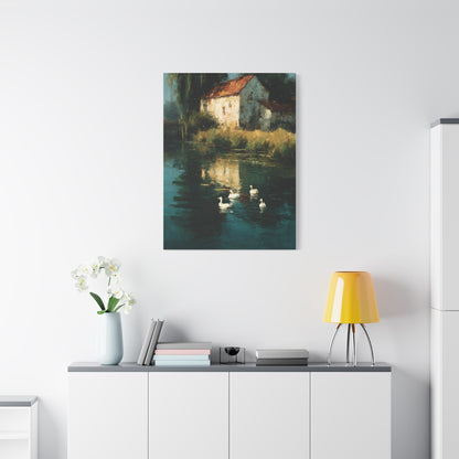 Farmhouse Pond with Ducks Reflection Wall Art & Canvas Print