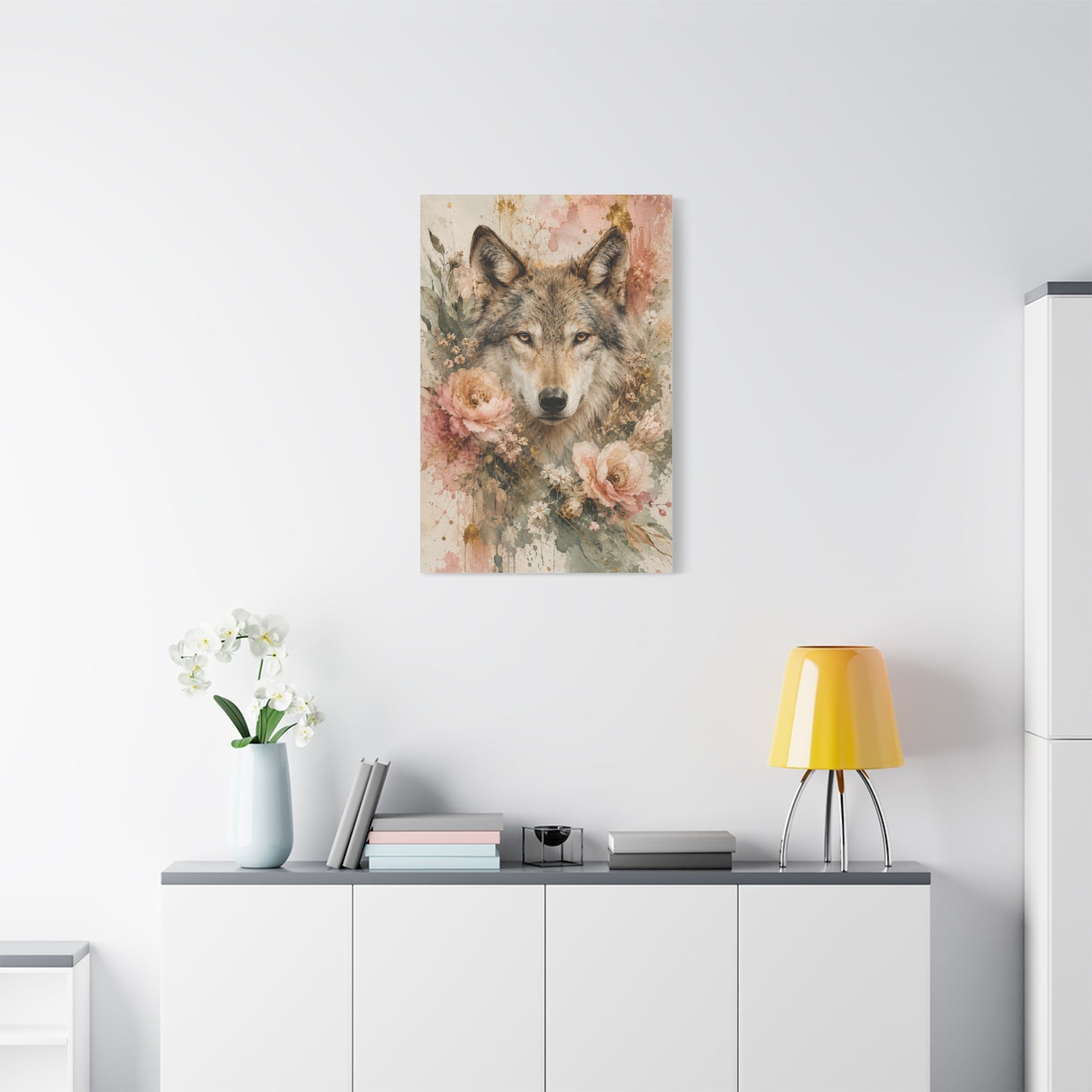 Boho Floral Wolf Portrait Blush Composition Wall Art & Canvas Print