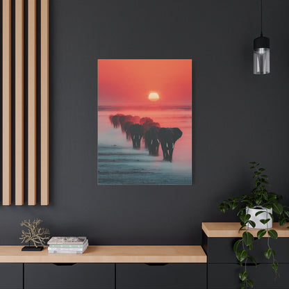 Elephant Herd Sunset Journey Wall Art & Canvas Print