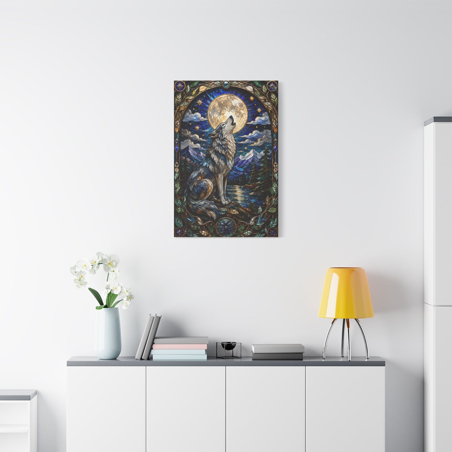 Stained Glass Moonlit Wolf Landscape Wall Art & Canvas Print