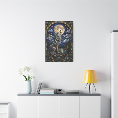 Stained Glass Moonlit Wolf Landscape Wall Art & Canvas Print