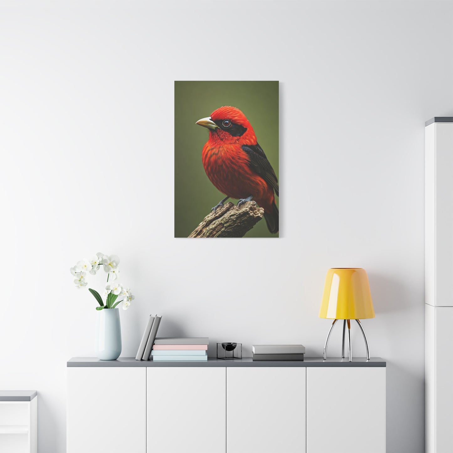 Scarlet Tanager Perched on Forest Branch Wall Art & Canvas Print