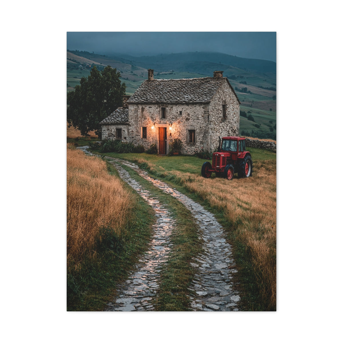 Stone Farmhouse with Red Tractor Landscape Wall Art & Canvas Print