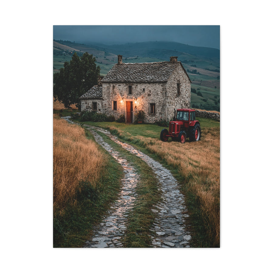 Stone Farmhouse with Red Tractor Landscape Wall Art & Canvas Print
