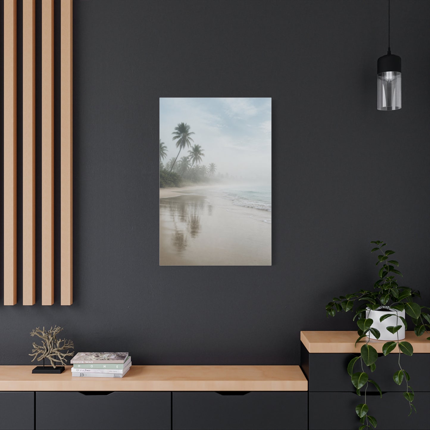 Misty Coastal Palm Shoreline Minimal Tropical Wall Art & Canvas Print