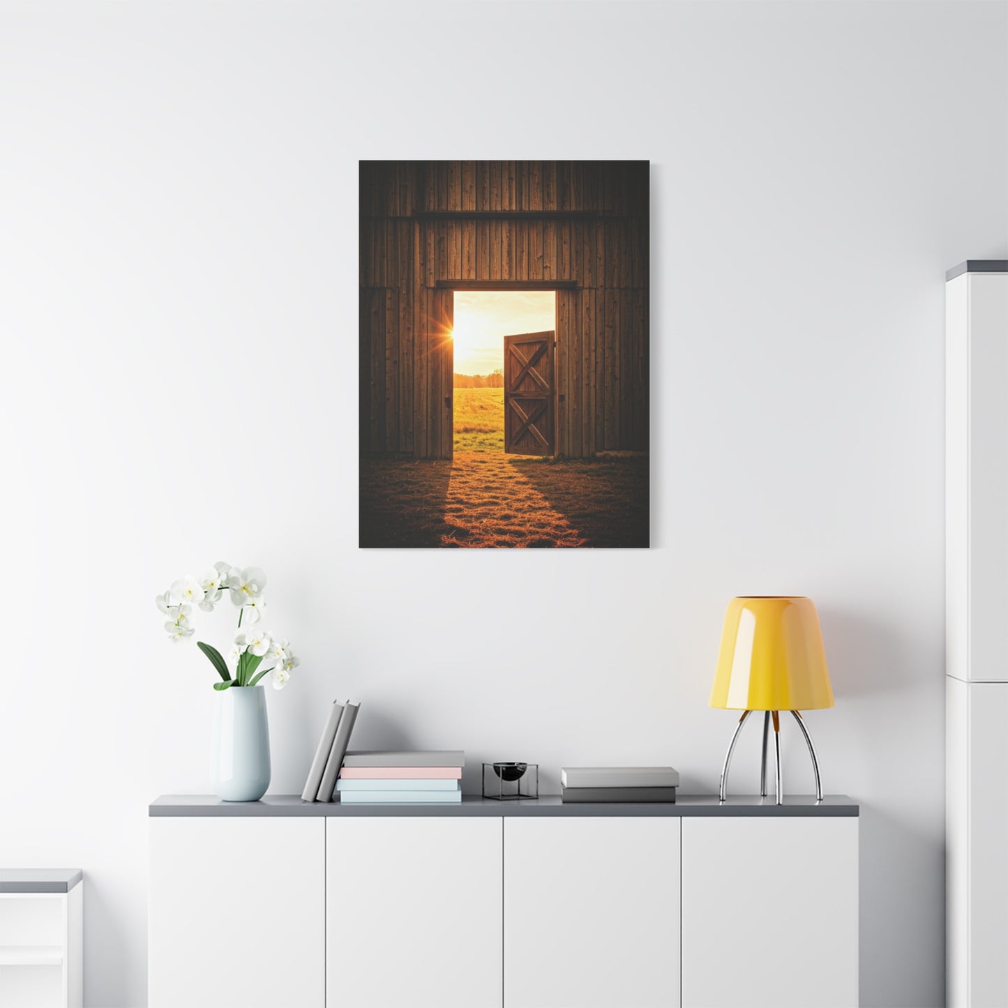 Open Barn Door at Sunrise Wall Art & Canvas Prints