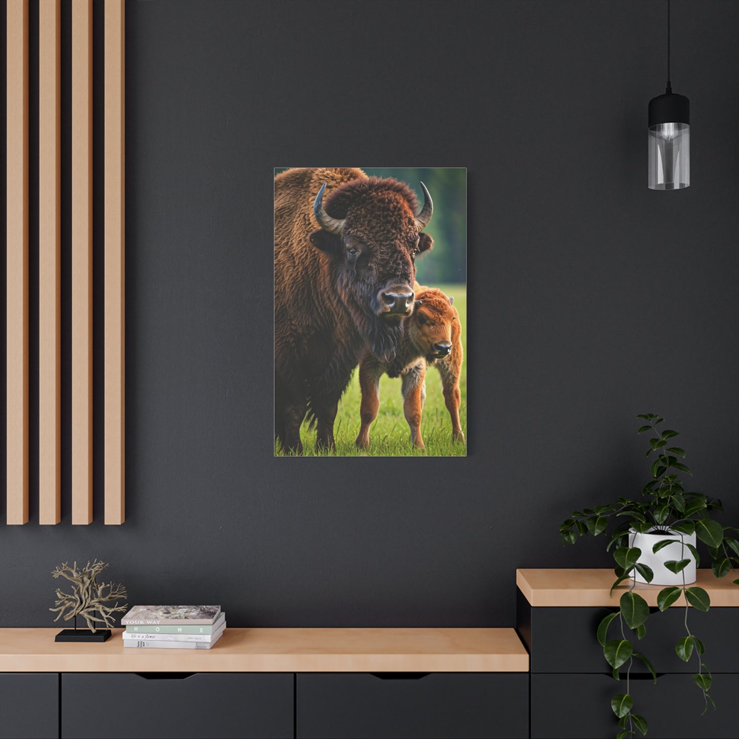 American Bison with Calf in Prairie Light Wall Art & Canvas Print