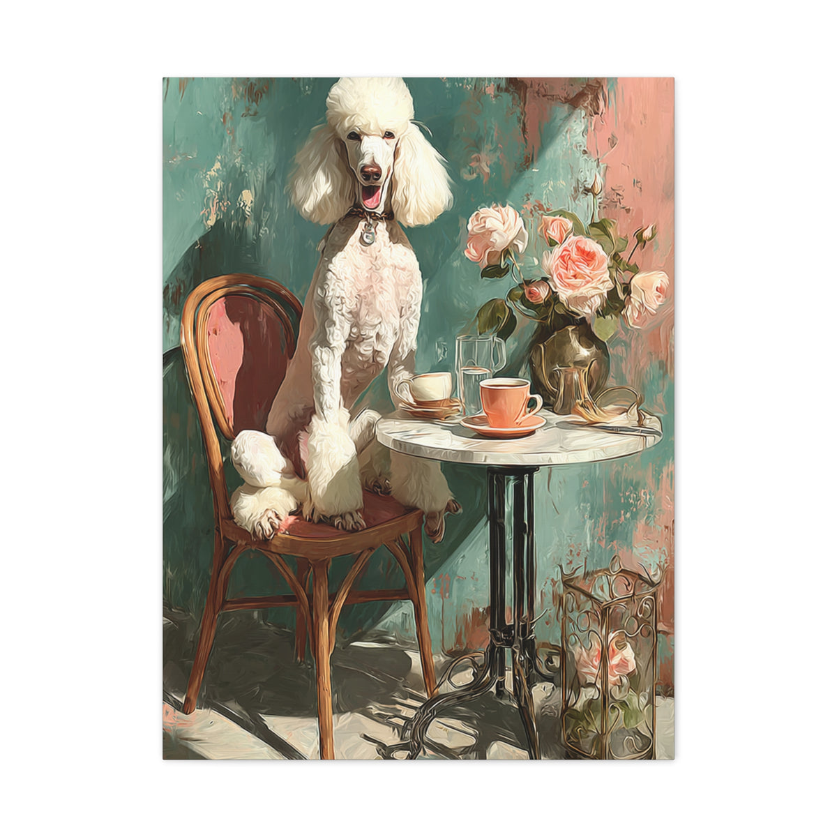 Paris Café Poodle with Roses Wall Art & Canvas Print