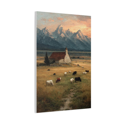 Rustic Mountain Farm Bulls & Cows Painting Wall Art & Canvas Print