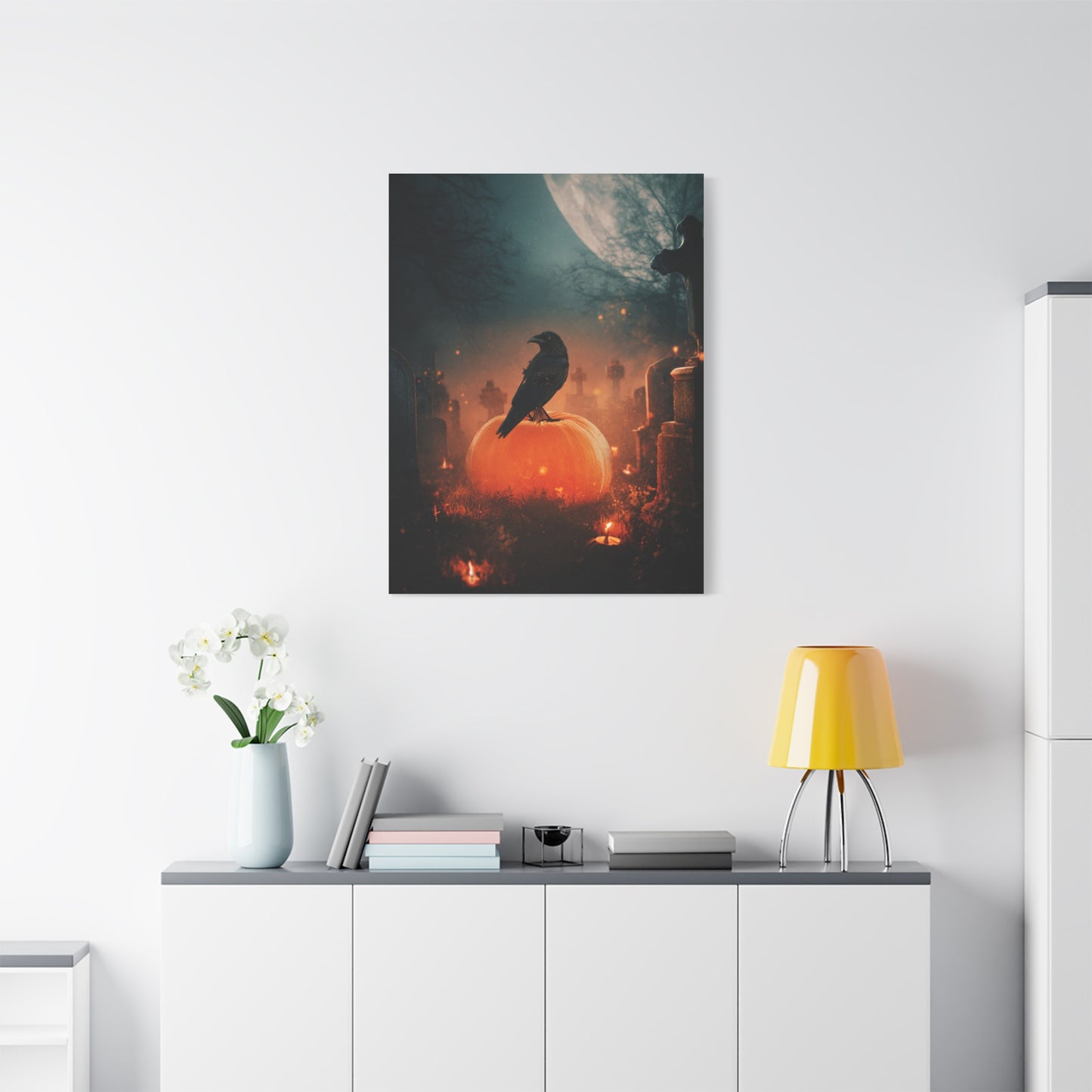 Crow on Pumpkin in Moonlit Graveyard Wall Art & Canvas Print