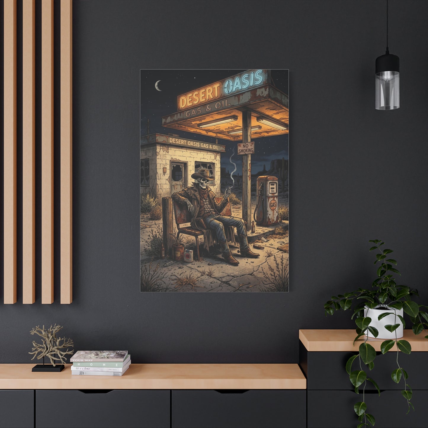 Desert Oasis Skeleton Cowboy Scene Wall Art & Canvas Print