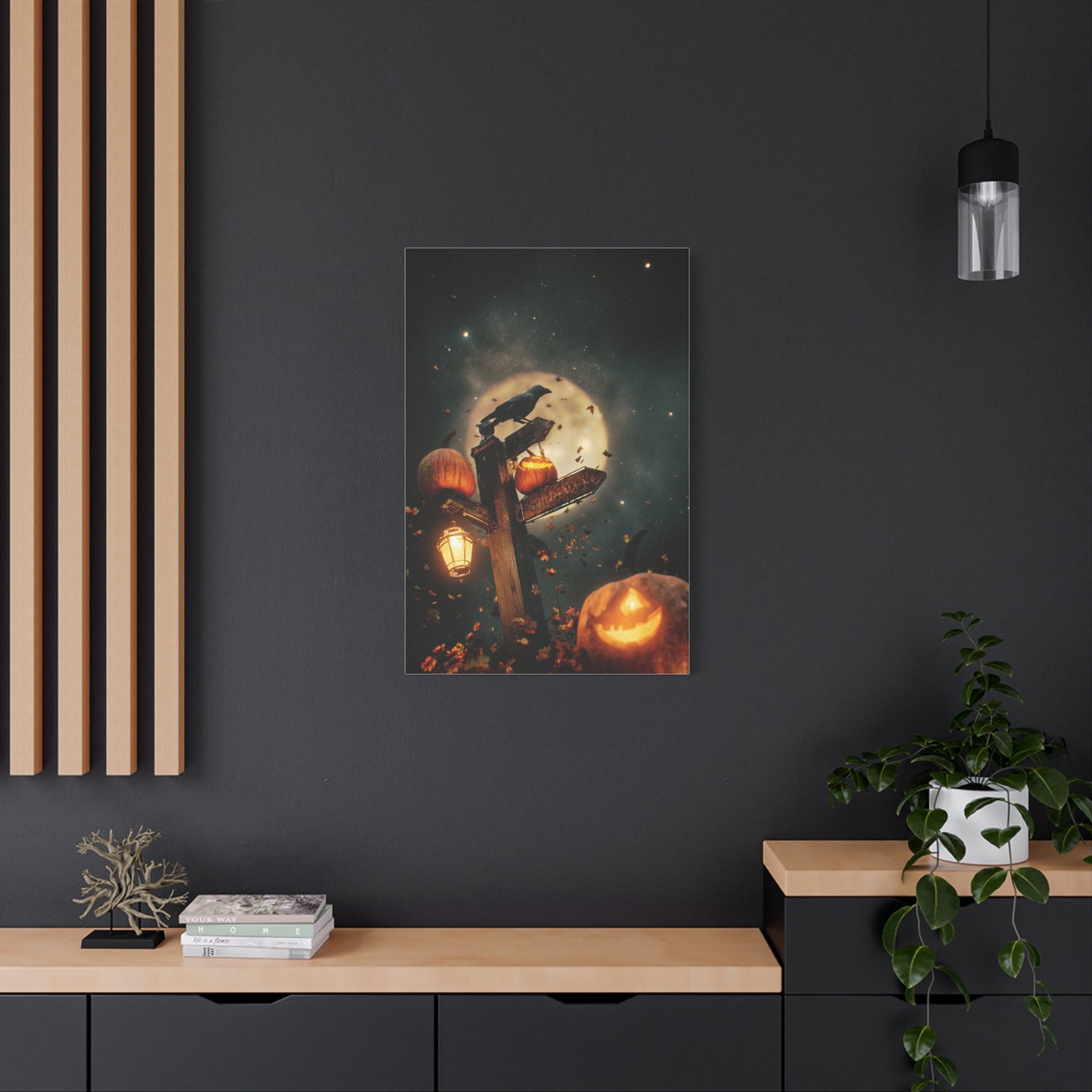 Crow on Pumpkin Signpost Under the Full Moon Wall Art & Canvas Print
