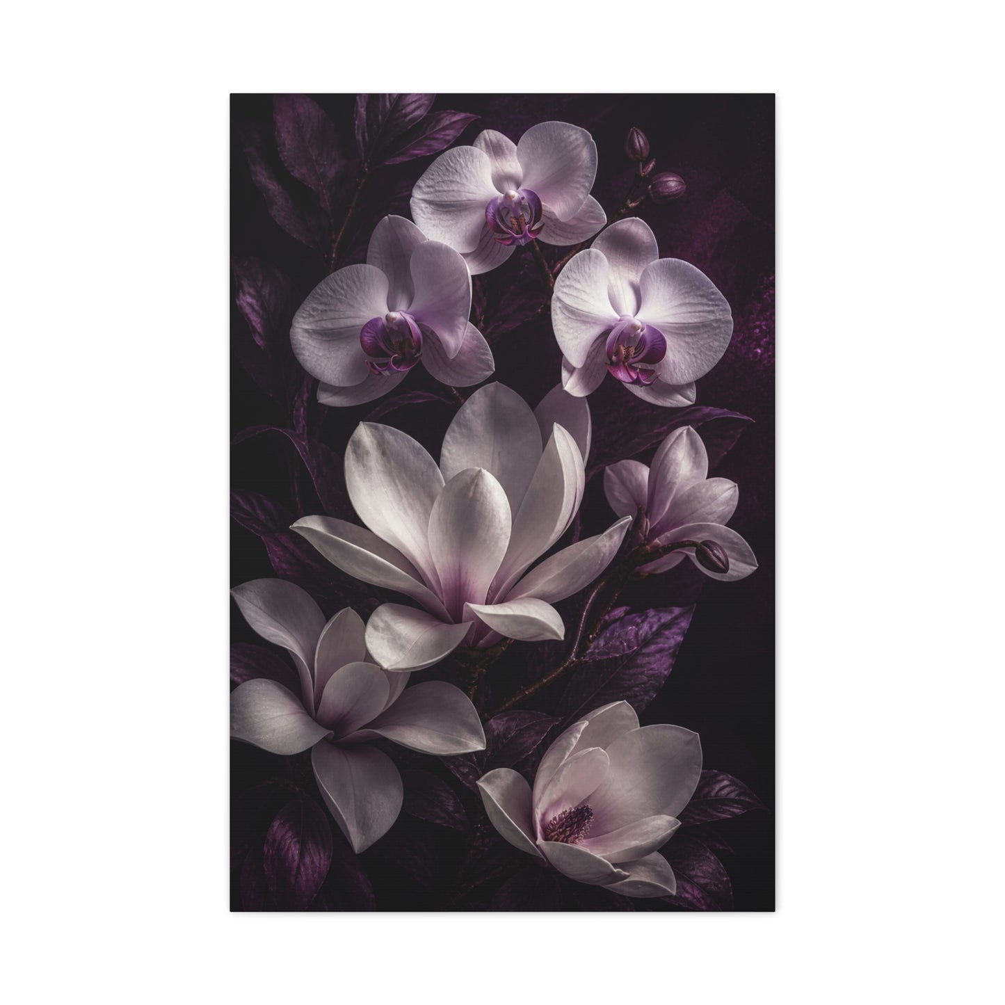 White Orchid and Magnolia Night Floral Wall Art & Canvas Print