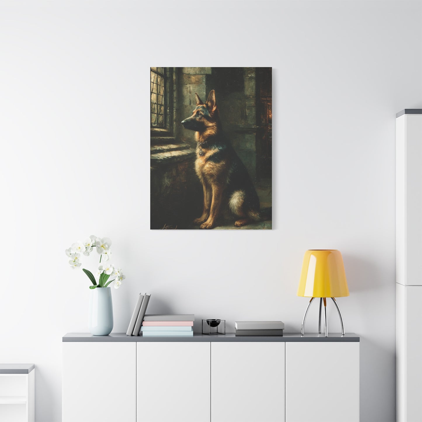 German Shepherd by Window Wall Art & Canvas Print