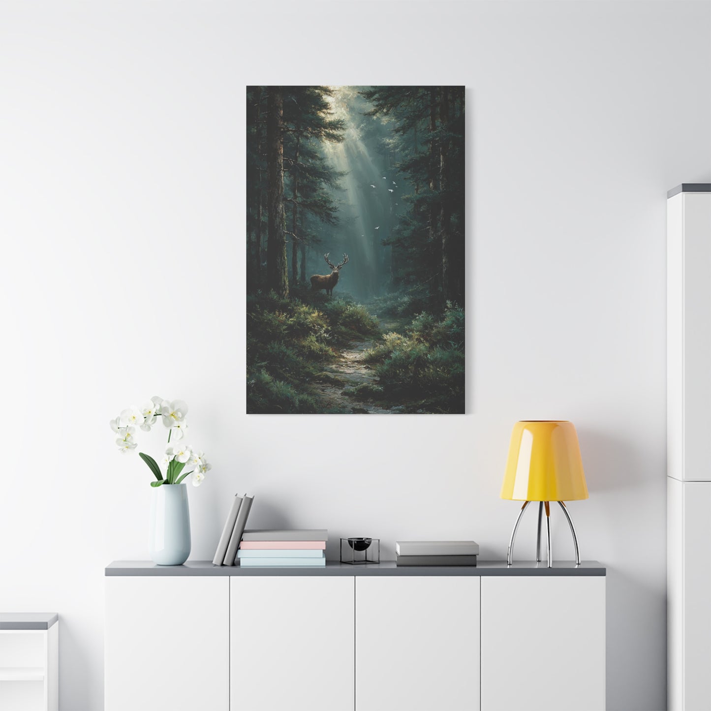 Sunlit Evergreen Forest Stag Wall Art & Canvas Print
