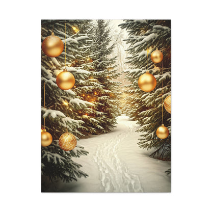 Snowy Pine Path With Golden Christmas Ornaments Wall Art & Canvas Print