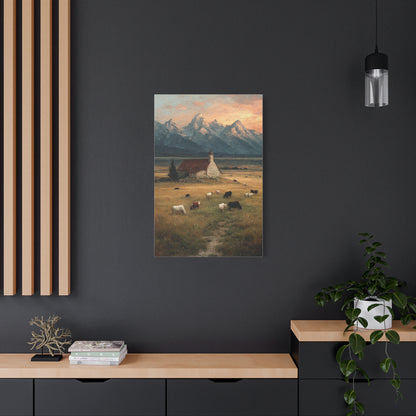 Rustic Mountain Farm Bulls & Cows Painting Wall Art & Canvas Print