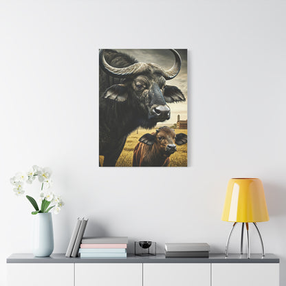 Cape Buffalo Herd Leader with Savannah Background Wall Art & Canvas Print