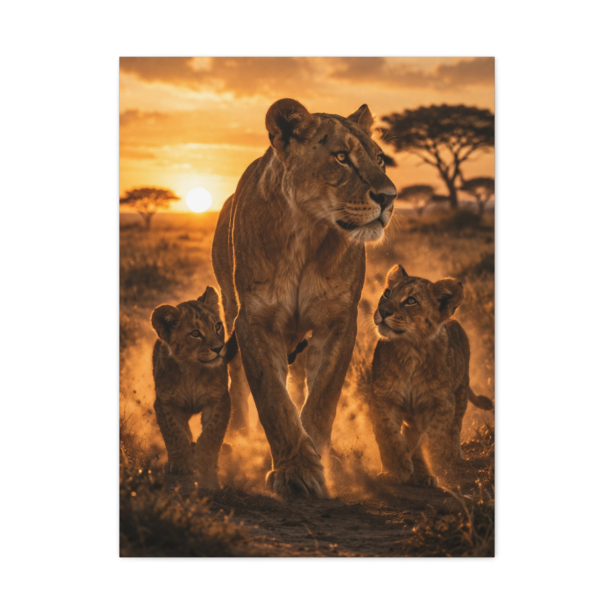 Lioness with Cubs Golden Path Wall Art & Canvas Print