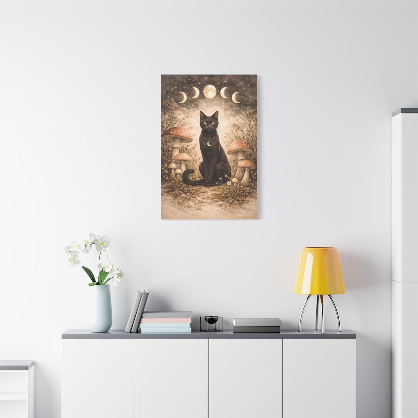 Mystical Boho Black Cat and Mushroom Night Scene Wall Art & Canvas Print