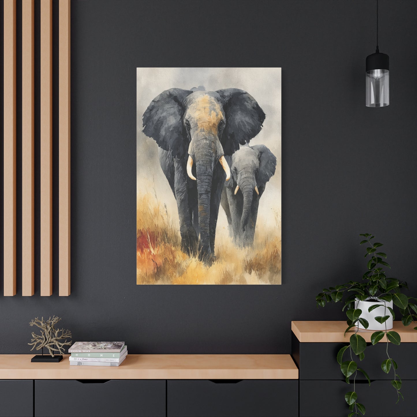 Mother and Calf Elephant Watercolor Wall Art & Canvas Print