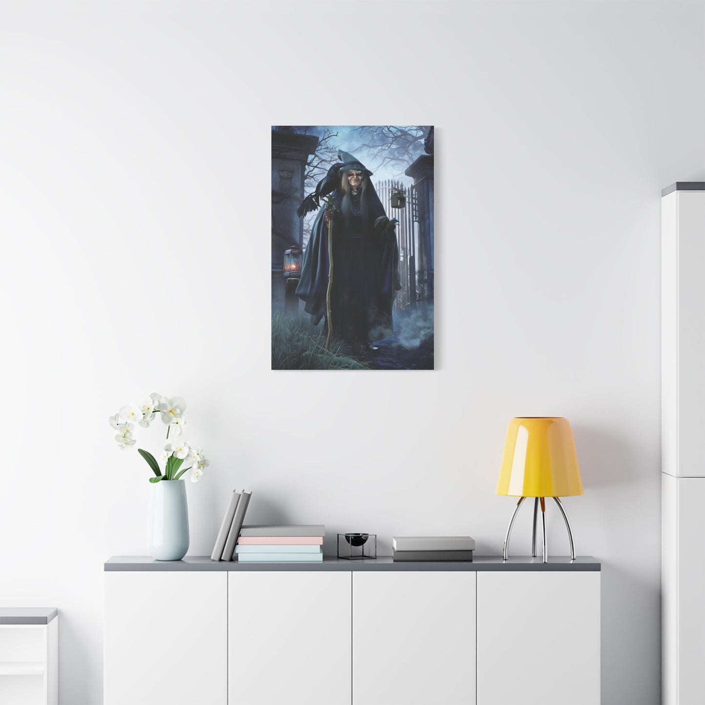 Witch with Raven at the Moonlit Cemetery Gate Wall Art & Canvas Print