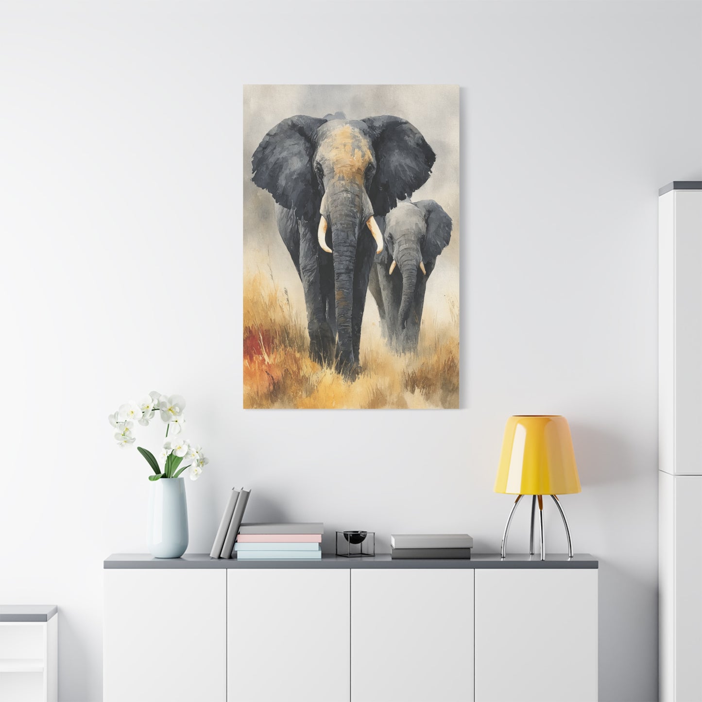 Mother and Calf Elephant Watercolor Wall Art & Canvas Print