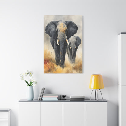 Mother and Calf Elephant Watercolor Wall Art & Canvas Print