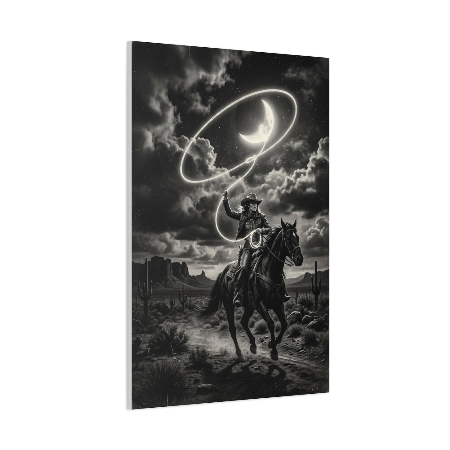Moon Lasso Cowgirl Night Scene Wall Art & Canvas Print