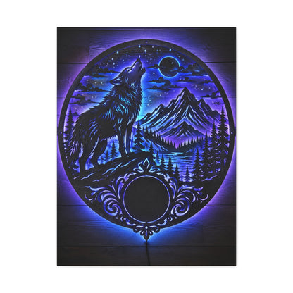 LED Mountain Wolf Night Circle Scene Wall Art & Canvas Print