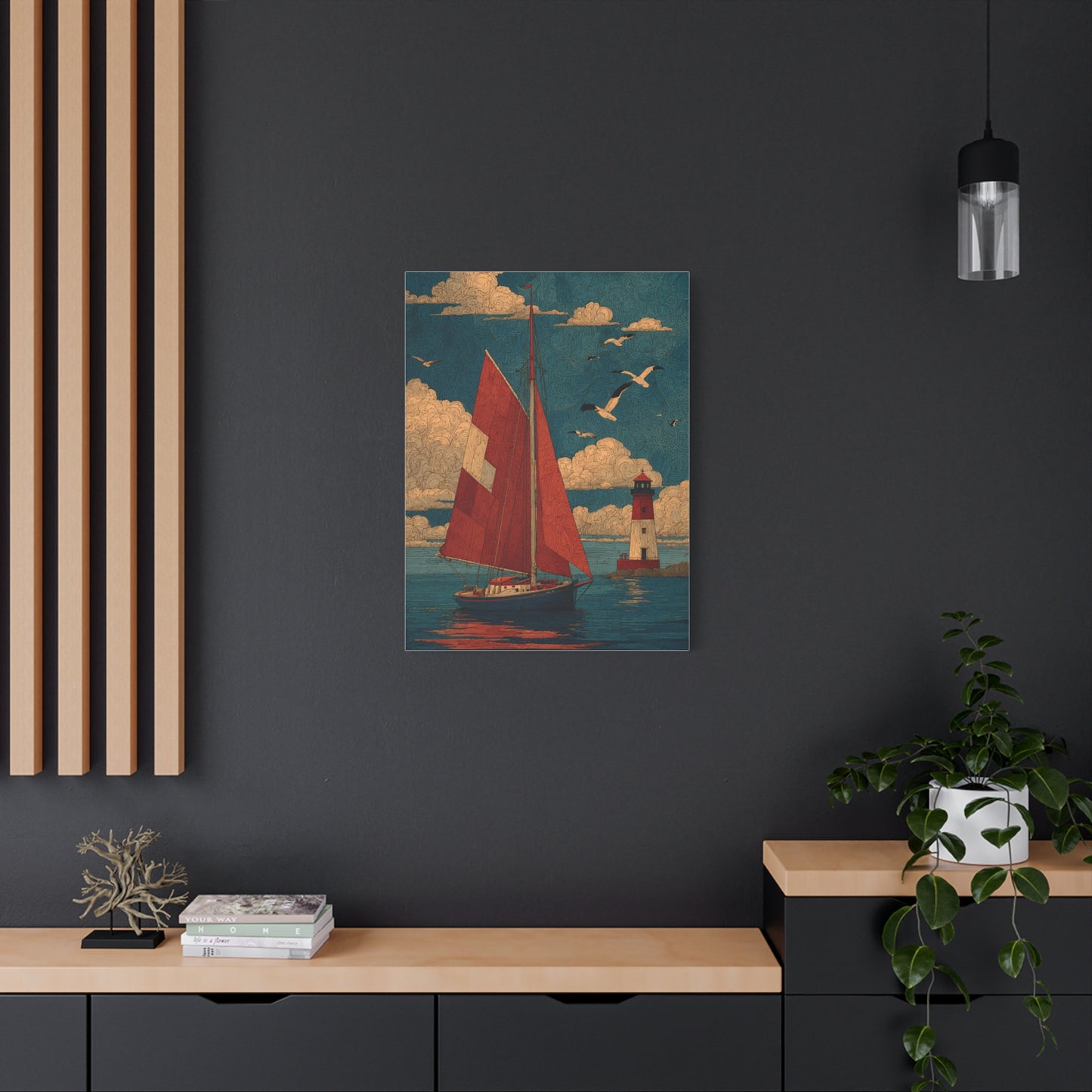 Primitive Coastal Sailboat Folk Wall Art & Canvas Print