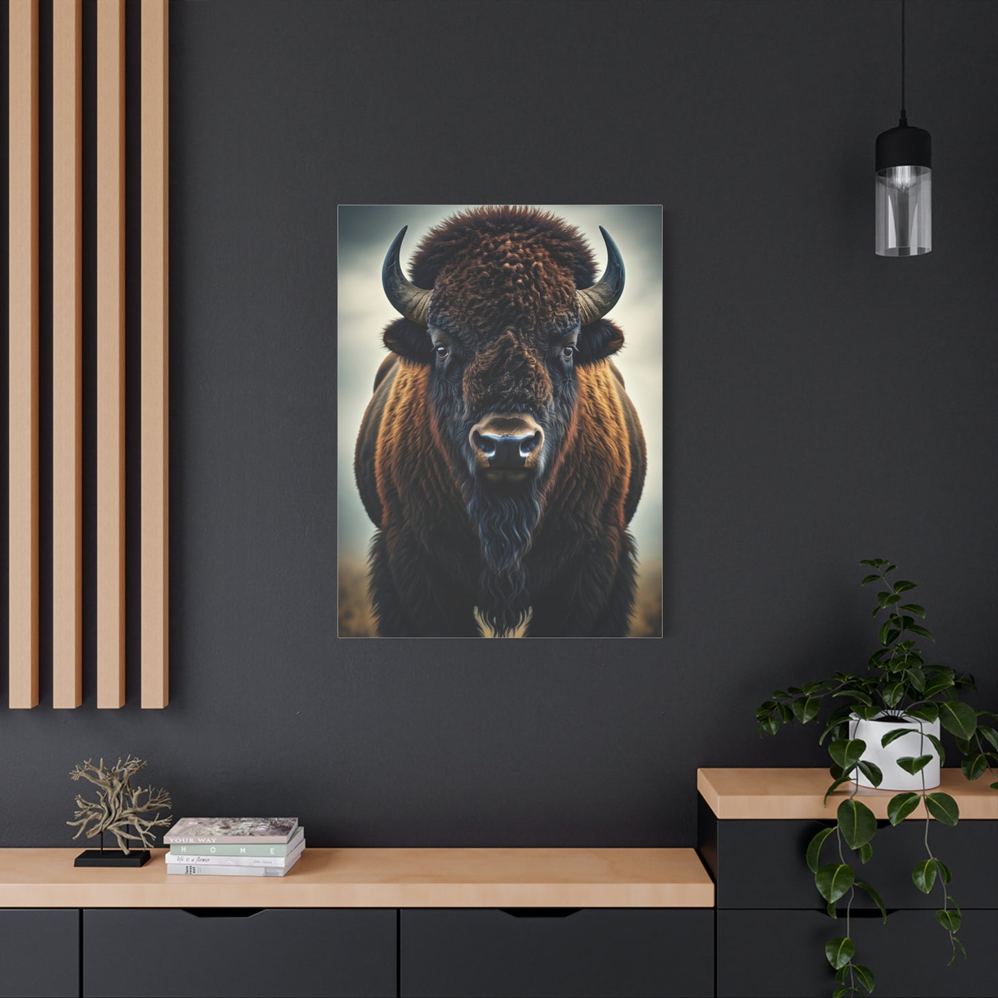 Symmetrical American Bison Portrait with Dramatic Overcast Lighting Wall Art & Canvas Print