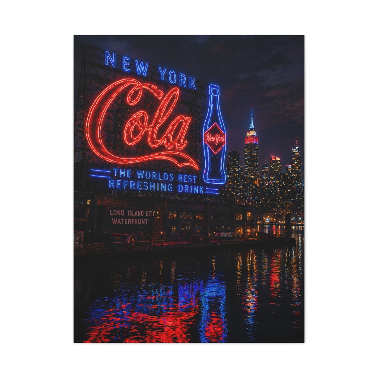 Neon Waterfront Skyline Cola Sign Wall Art & Canvas Print