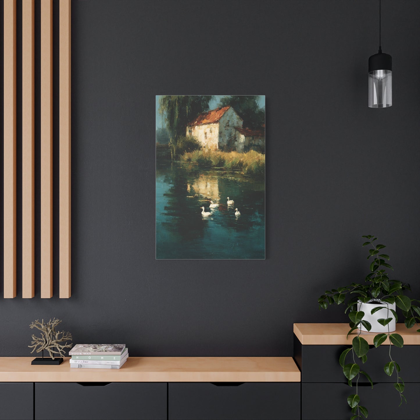 Farmhouse Pond with Ducks Reflection Wall Art & Canvas Print