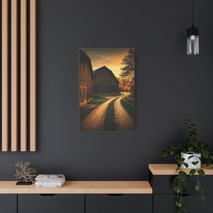 Country Road Between Rustic Barns at Golden Hour Wall Art & Canvas Prints