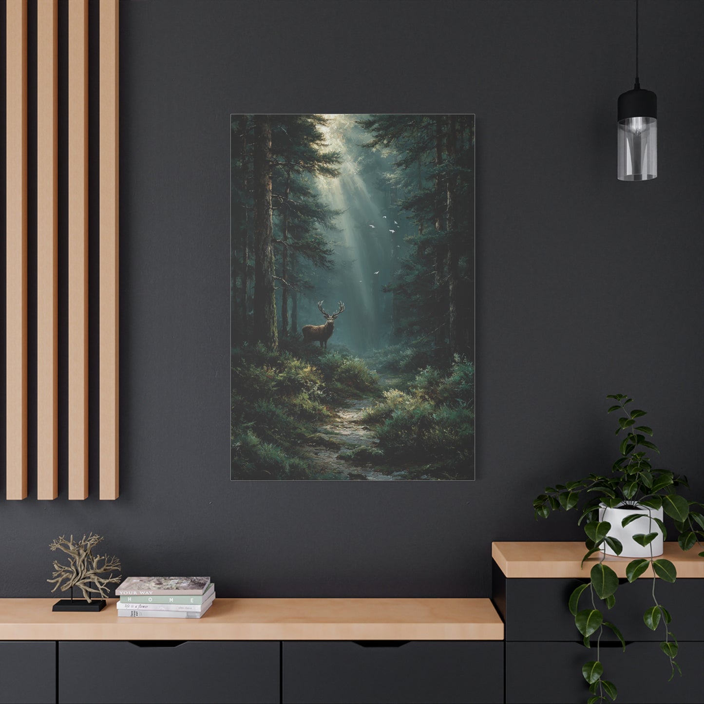 Sunlit Evergreen Forest Stag Wall Art & Canvas Print