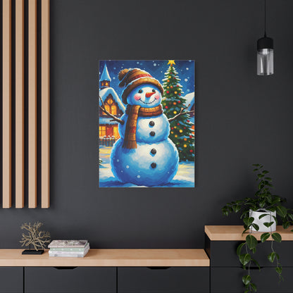Artistic Snowman in Winter Village Scene Wall Art & Canvas Print
