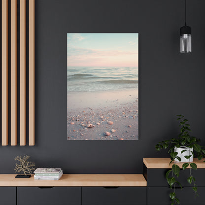 Pastel Sunrise Beach with Seashell Shore Wall Art & Canvas Print
