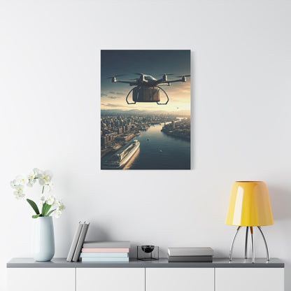 Futuristic Delivery Drone Over City Wall Art & Canvas Prints