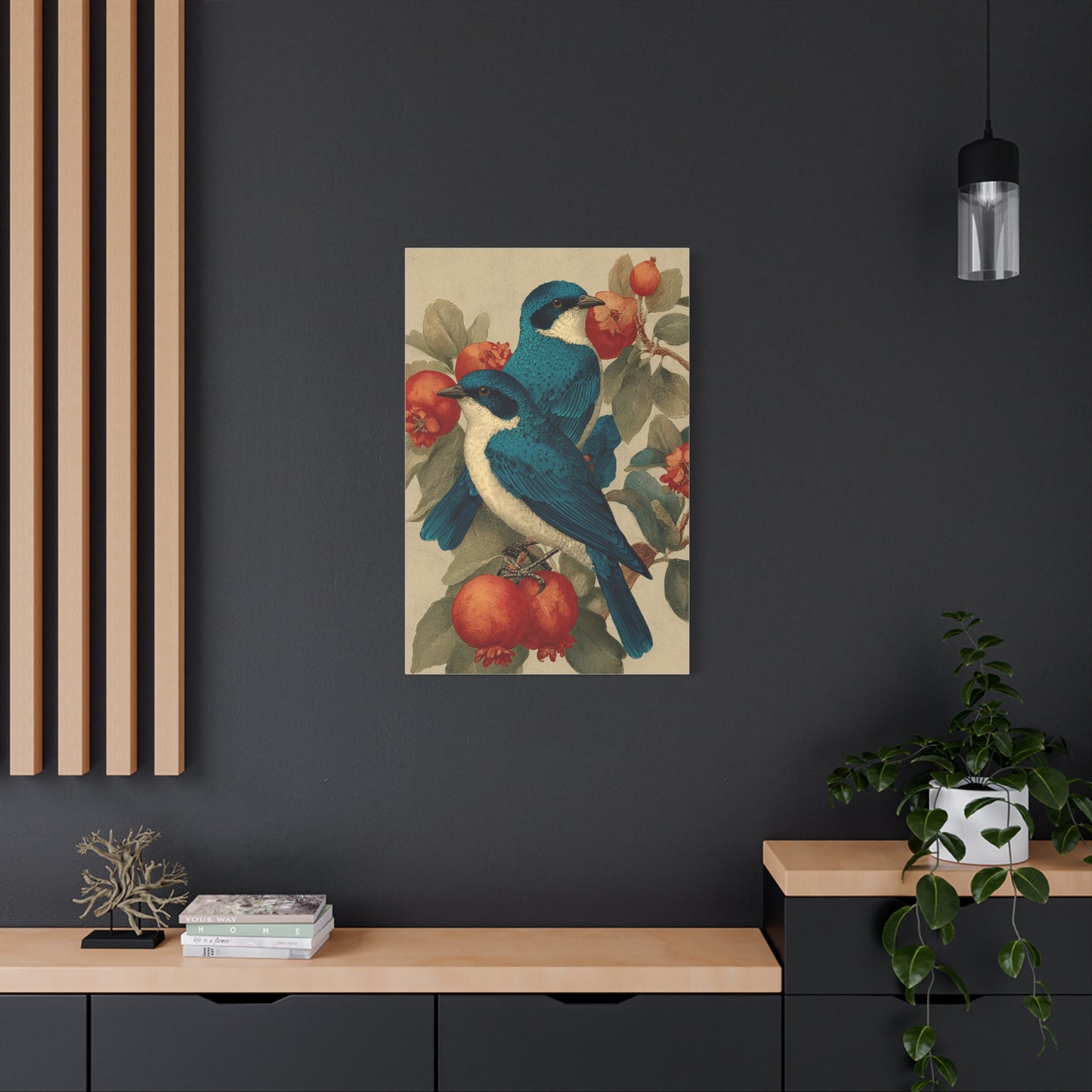 Blue Folk Birds Pomegranate Wall Art & Canvas Print