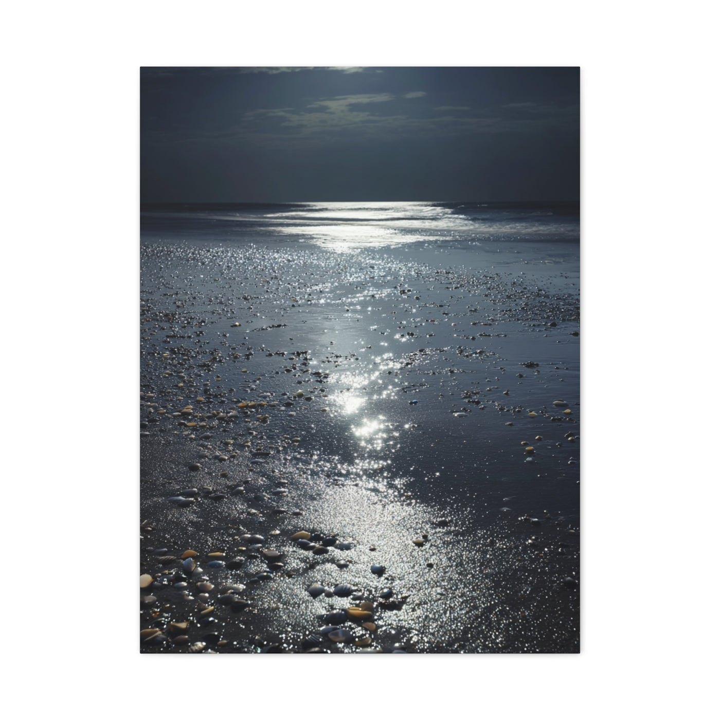Moonlit Beach Reflections with Scattered Seashells Wall Art & Canvas Print