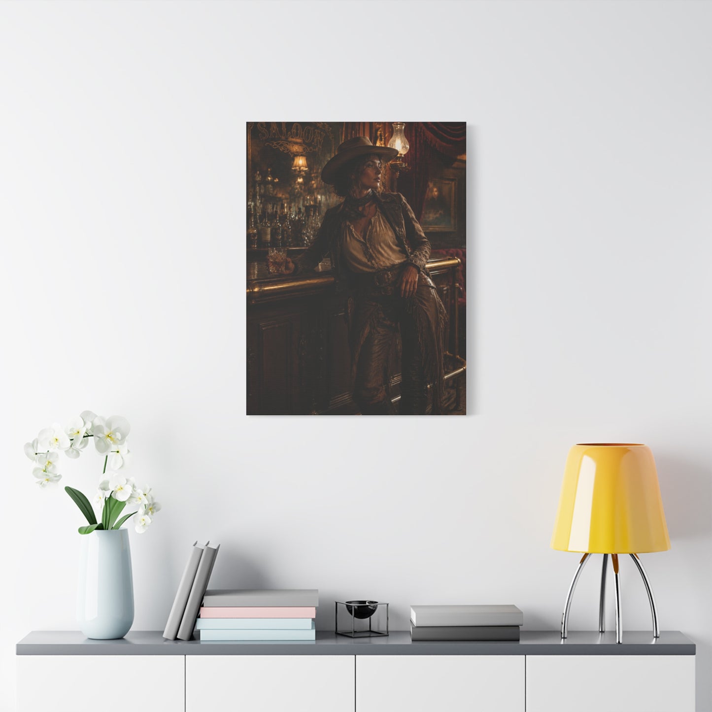 Saloon Cowgirl Cinematic Bar Scene Wall Art & Canvas Print