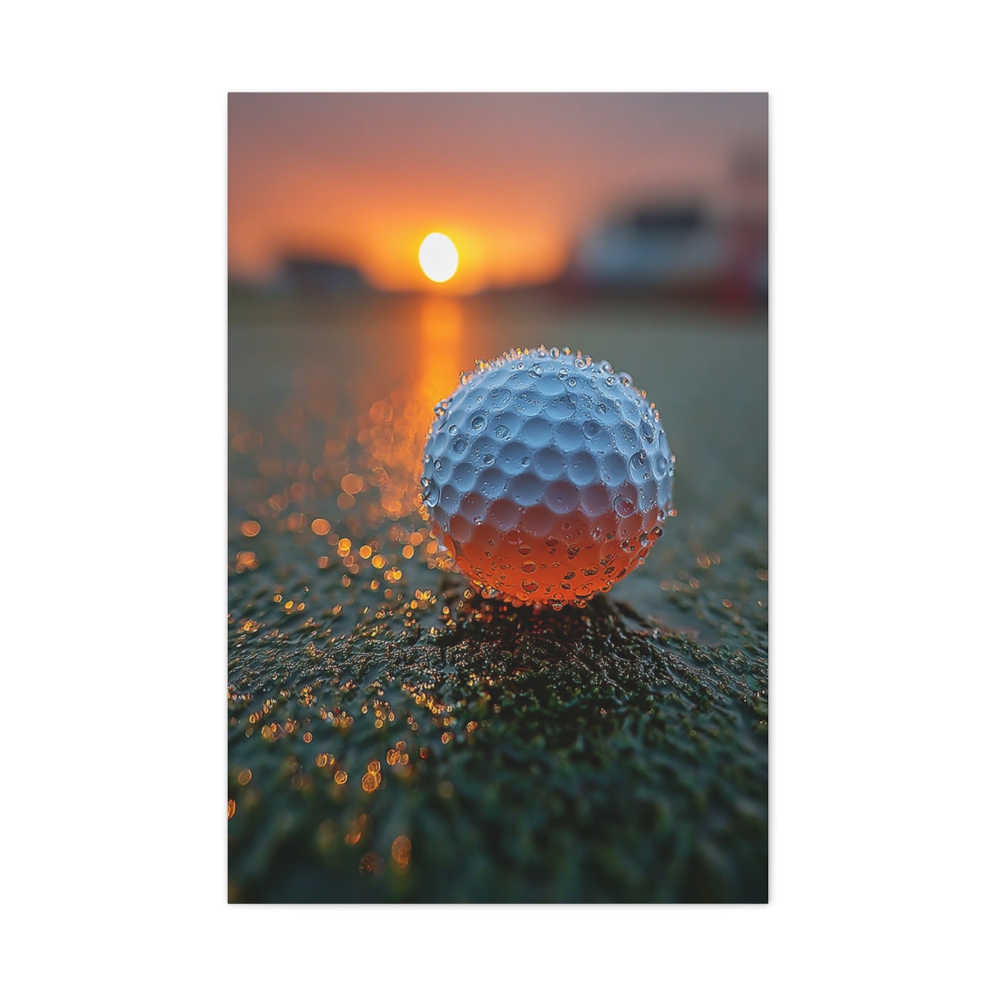 Dew-Covered Golf Ball Sunrise Macro Wall Art & Canvas Print